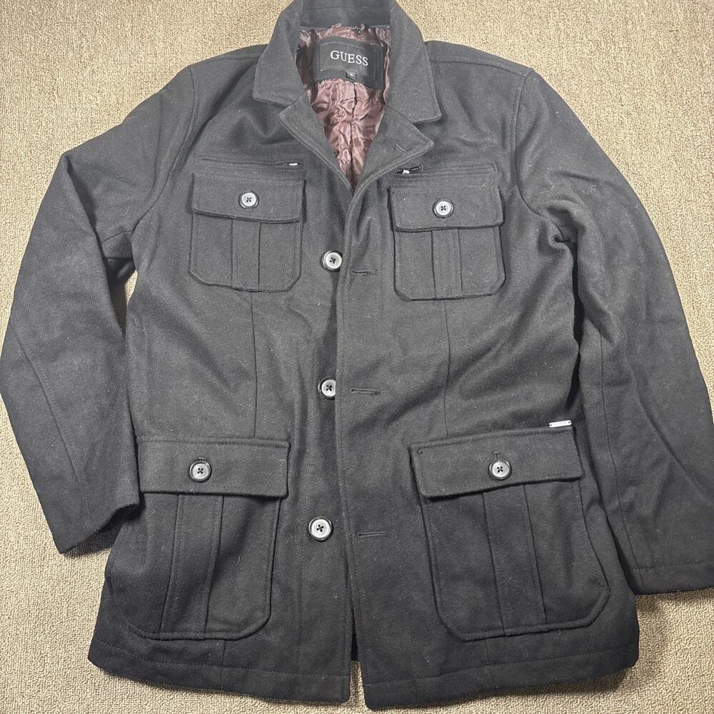 00s GUESS MEN’s Wool Blend Military Field Jacket Medium Black Outerwear 21x31